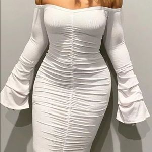 White Off the shoulder bodycon bandage flared long sleeve dress